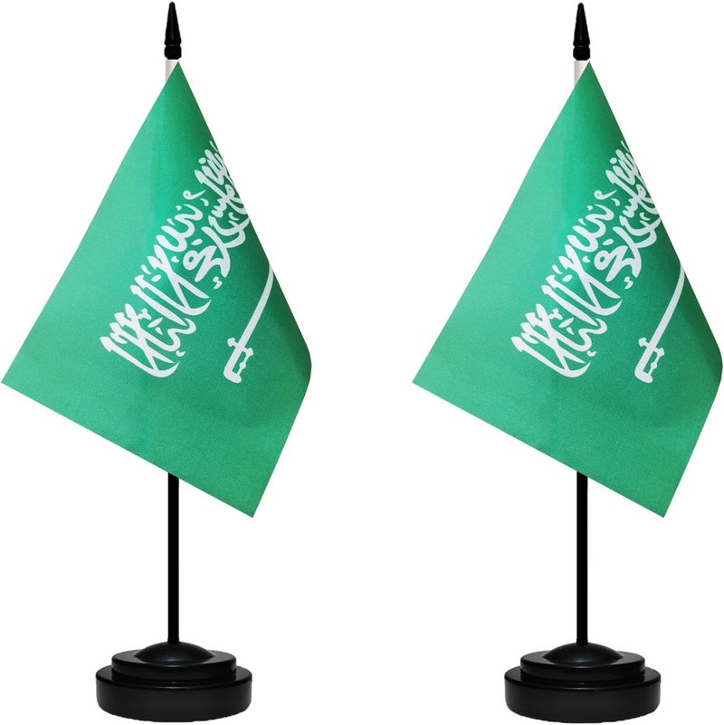 tibijoy Saudi Arabia Saudi Arabian Miniature Deluxe Table Flag Set (2 Pack) - Green, 8.2" x 5.5" (W x L), UV Resistant, Perfect Patriotic Decoration for Home & Offices - Image 1